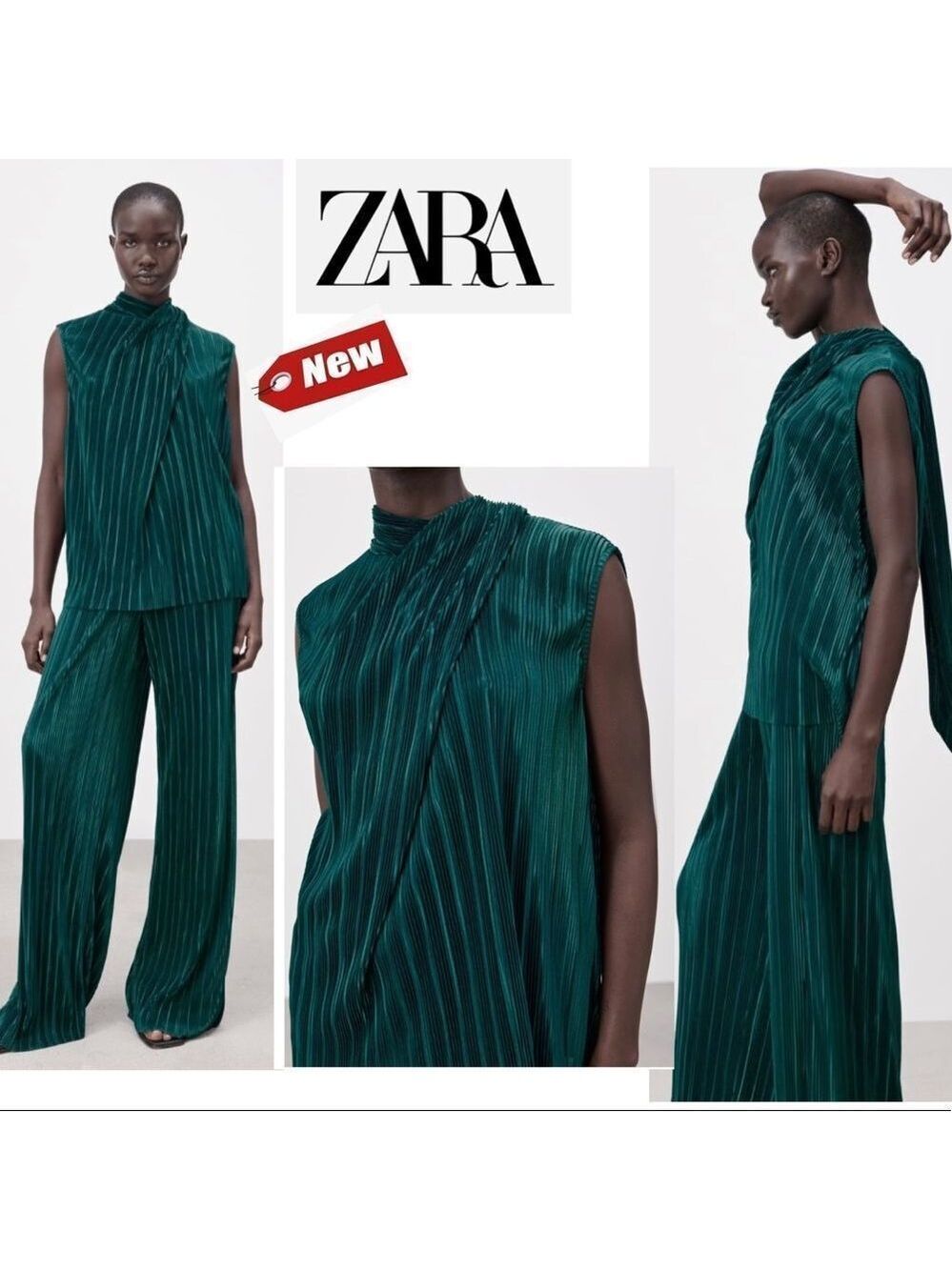 ZARA pleated sleeveless high collar blouse green Sz L NWT